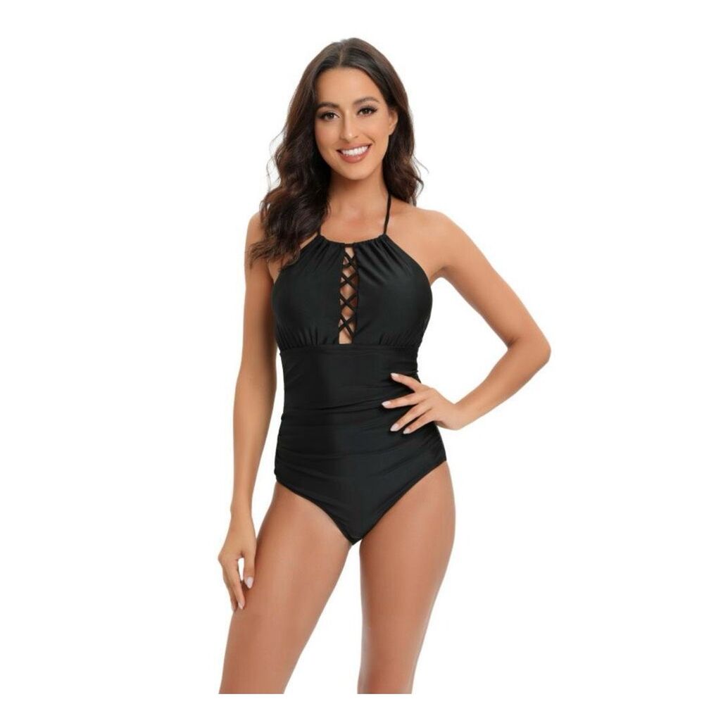 Aqua‎ Eve Women's 18W Tummy Control Bathing Suit Halter One Piece Swimsuit Black